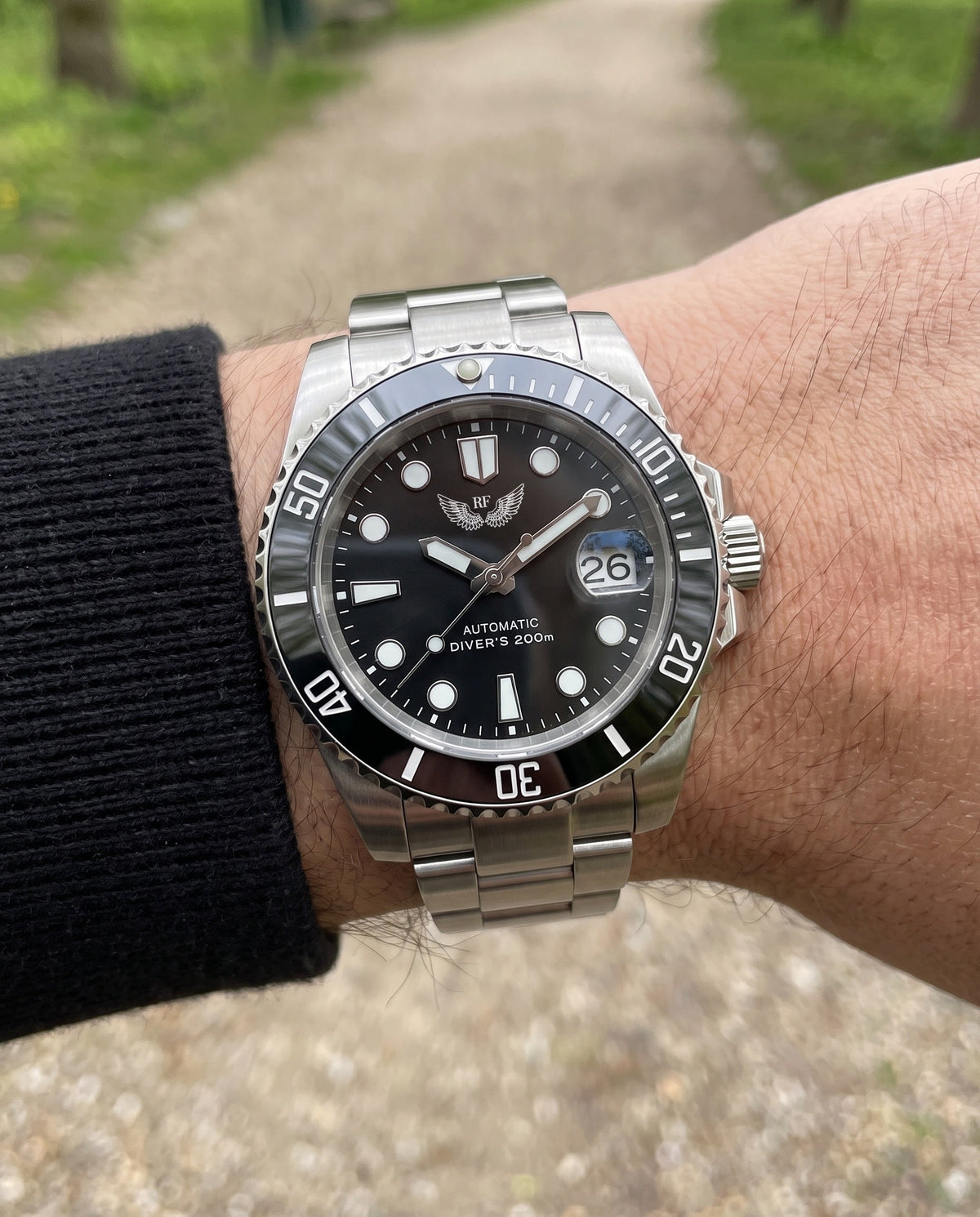 RF Black Diver Dial on the wrist