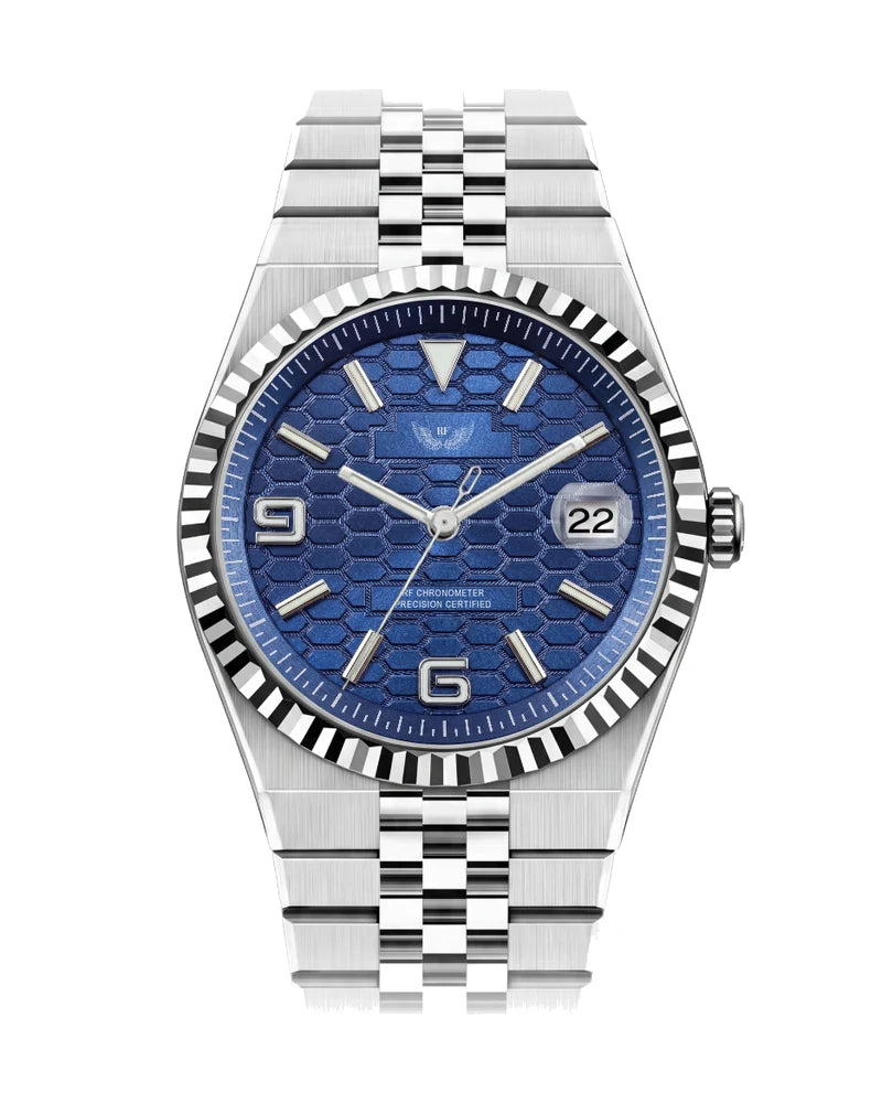 RF Land watch, steel with blue dial