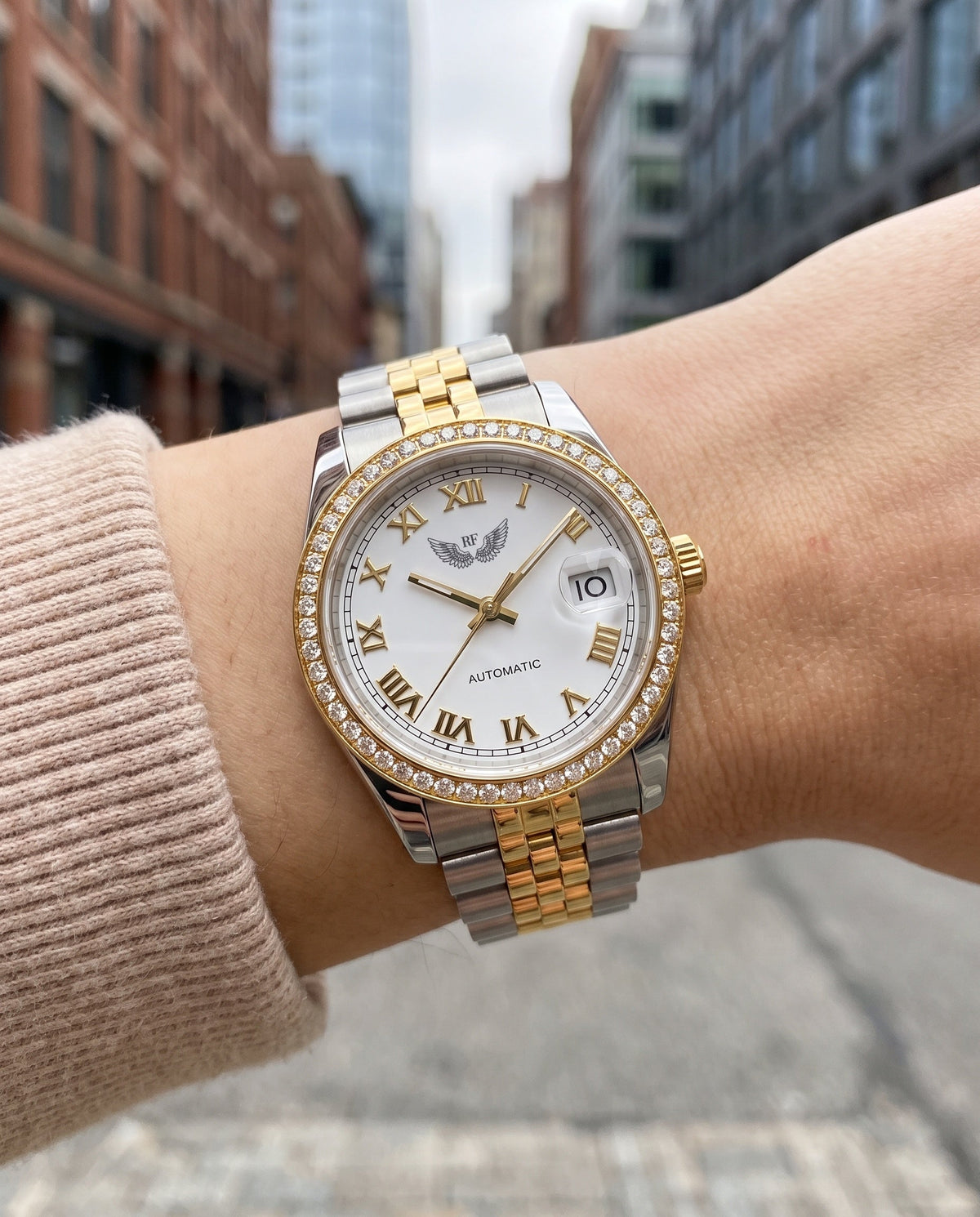 White Roman Dial on the wrist