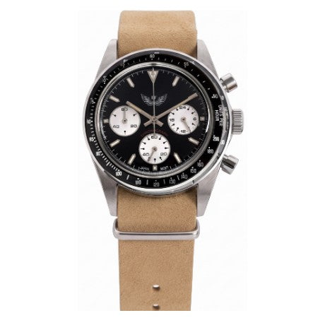 Zebra Chrono - Black + Suede Leather NATO Strap — Golden Brown